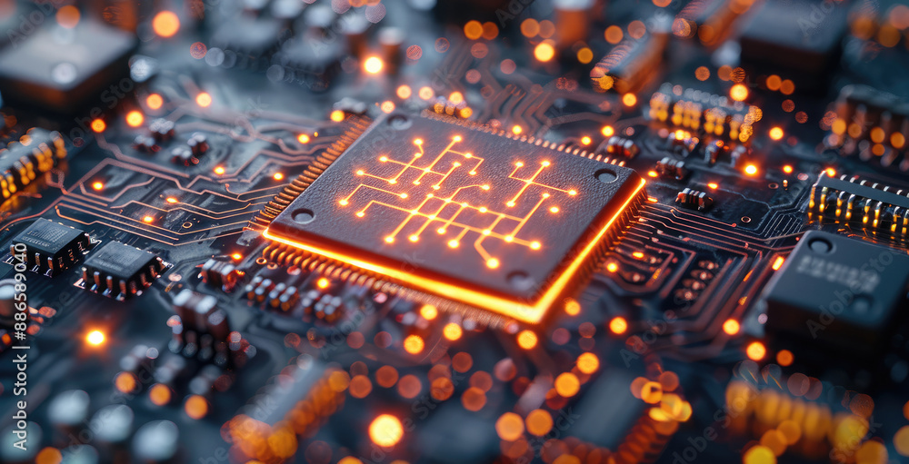 Poster a high-tech microchip circuit board, focusing on a luminous neural network pattern, glowing in vibra