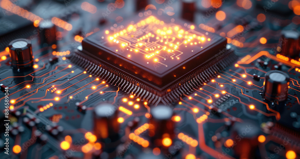 Poster a high-tech microchip circuit board, focusing on a luminous neural network pattern, glowing in vibra