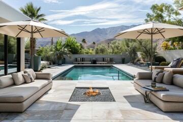 Fototapeta premium Minimalist poolside patio with umbrellas and central fire pit, beige cushions, echoing Palm Springs modern architecture style.