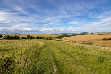 Looking out over fields in rural Sussex, along the South Downs Way