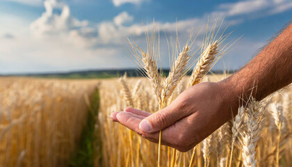 harvest concept close up of male hand in the wheat field with copy space