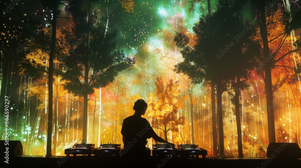 Aufkleber A DJ stands in silhouette, mixing music on a digital mixer set up in front of a forest backdrop. The forest is illuminated with colorful lights and sparkles, creating a magical atmosphere.