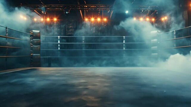 Professional boxing ring with spotlights and smokey background, martial arts sport	
