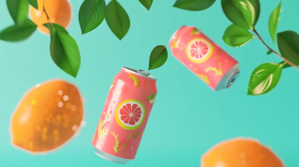 two floating pink and pink soda cans with green leaves on them. vibrant pinks and Tiffany blues background