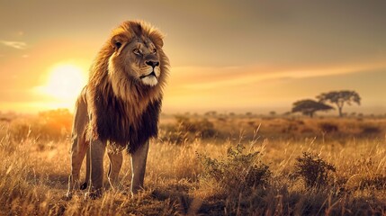 Majestic Male Lion in African Savanna at Sunset