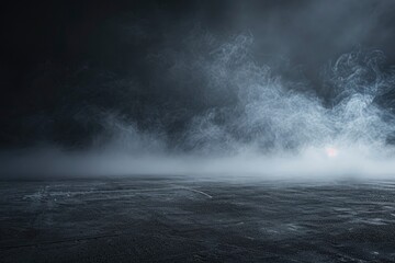 Abstract image of dark room concrete floor. Black space or stage backdrop for product placement. Abstract fog panoramic view with generative ai