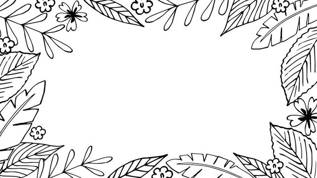 Simple black and white animation in doodle style. Frame of tropical leaves, flowers, vegetation elements. Nature. Empty space in the center.