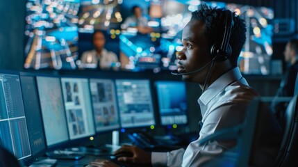 Officer at Work in Multiscreen 911 Call Center