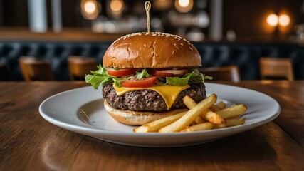 gourmet truffle burger with fries served aesthetically in a white plate and wooden table