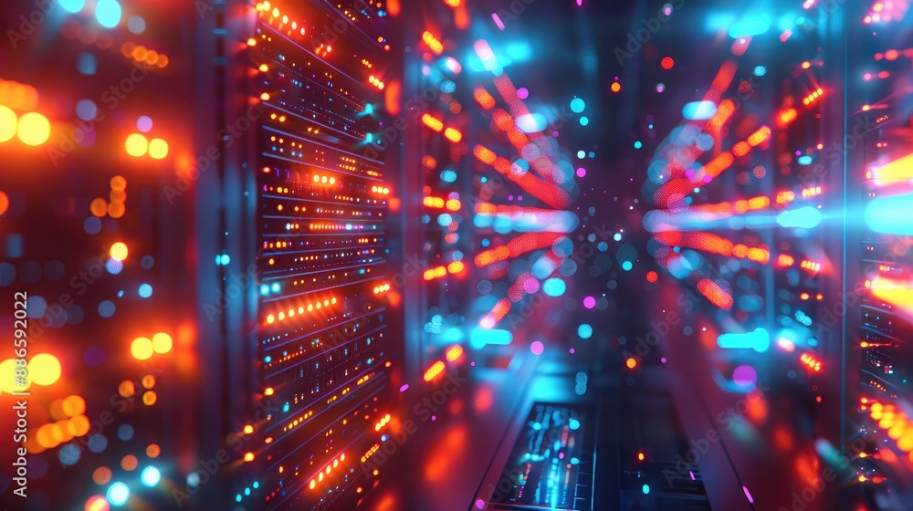 Aufkleber Illuminated Network, Glowing Data Streams Flow Through a Sleek 3D Cloud Server, futuristic technology and vibrant colors. Generative AI.