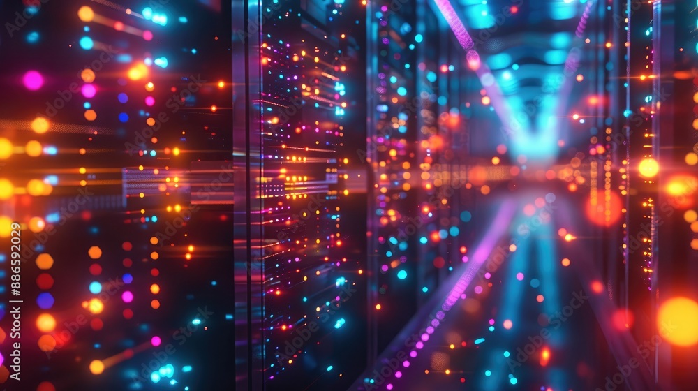 Fototapete Illuminated Network, Glowing Data Streams Flow Through a Sleek 3D Cloud Server, futuristic technology and vibrant colors. Generative AI.