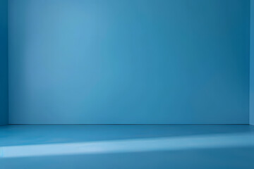 In a minimalistic blue room, an empty bench stands against a clean wall, emphasizing