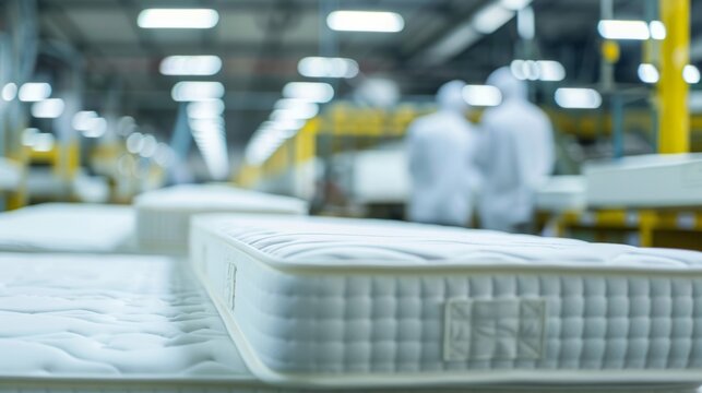 A close-up of a white mattress being manufactured in a factory, with workers in the background