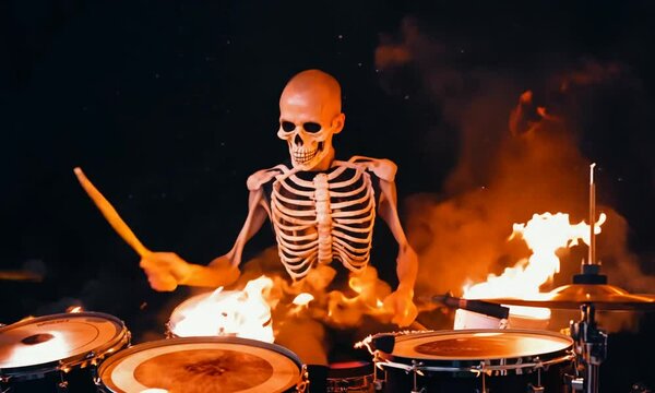 Burning skeleton drumming. Slow motion fire explosions and smoke.hyper-realistic 4K video.