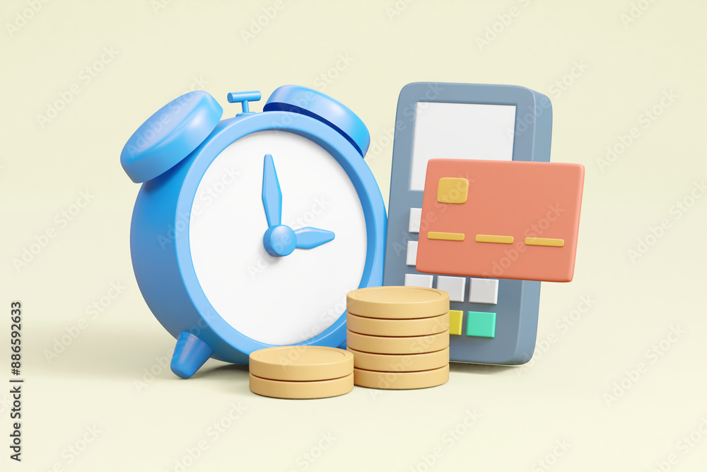 Poster a 3d render illustrating the integration of time and financial management, showcasing an alarm clock
