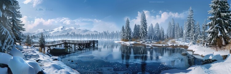 Fototapeta premium Winter Wonderland: Snowy Lake with a Wooden Pier