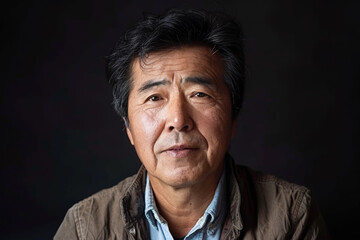 Fototapeta premium Close-up portrait of a middle aged man of Asian descent, studio photo, against a sleek gray studio backdrop
