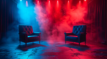 Two armchairs in a dramatic, smoke-filled setting illuminated by blue and red lights. Stage background setup an interview or podcast.