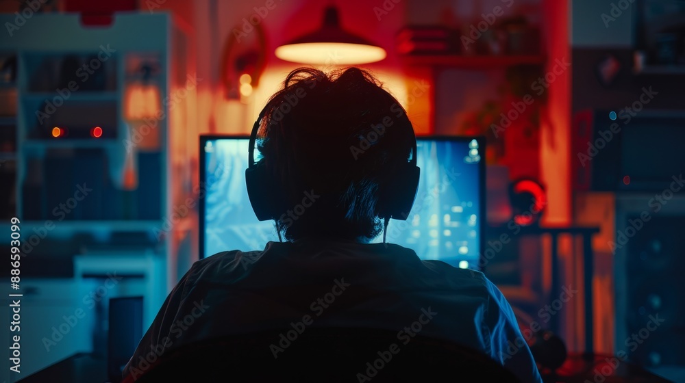Poster a gamer sits in a dimly lit room, focused on a computer screen. neon lights cast an ethereal glow on