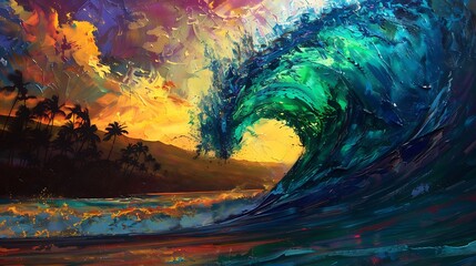 A towering wave in shades of electric blue and neon green, illuminated by the vibrant colors of a tropical sunset, crashes ashore.