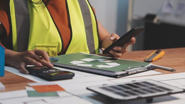 Selective focus, Asian female architect or engineer Drawing the design of the building's interior using a tablet. Asian female architect or engineer Sit and analyze, design projects in the office.