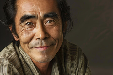 Obraz premium Close-up portrait of a middle aged man of Asian descent, studio photo, against a sleek gray studio backdrop