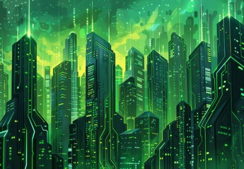 Fototapeta premium Futuristic Smart Cyber City illustration: Innovative Urban Landscape, futuristic technology concept, Graphic Resources, Wallpapers, Brochure, Websites, banner design, Advertising, web, background