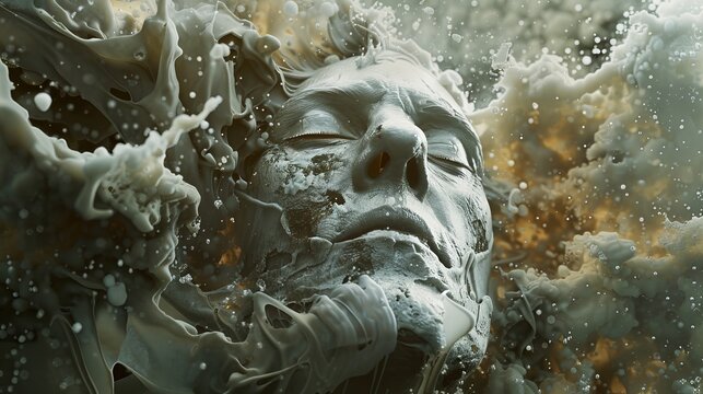 concept of Schopenhauer's will to life, depicting a face with a resigned and contemplative expression, surrounded by abstract representations of will, desire, and suffering,grey liquid flowing