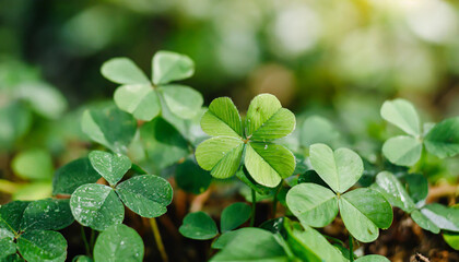 Lucky Irish Four Leaf Clover in the Field for St. Patricks Day background with copy space.