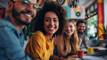 Vibrant Startup Team Brainstorming Innovative Solutions in Colorful Creative Workspace