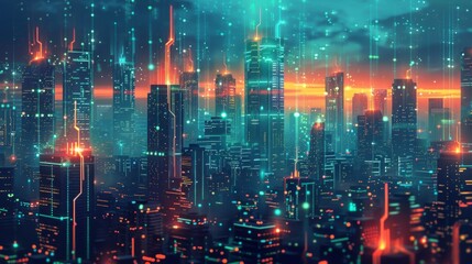 Fototapeta premium Futuristic Smart Cyber City illustration: Innovative Urban Landscape, futuristic technology concept, Graphic Resources, Wallpapers, Brochure, Websites, banner design, Advertising, web, background