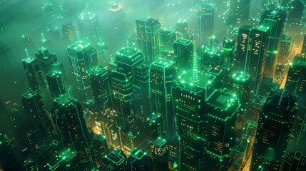 Fototapeta premium Futuristic Smart Cyber City illustration: Innovative Urban Landscape, futuristic technology concept, Graphic Resources, Wallpapers, Brochure, Websites, banner design, Advertising, web, background