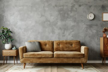 A cozy retro living room with mid-century modern furniture, a plush velvet sofa, and vintage decor, set against a serene grey empty wall.