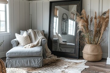 Modern Farmhouse Living Room with Oversized Black Leaning Mirror and Gray Chaise Lounge on White Cowhide Rug Over Wood Flooring