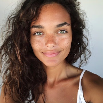 Beautiful Women With Vitiligo. She looks at the camera, smiles and now looks younger as her face is clearer. Her eyes look bright and fresh. 