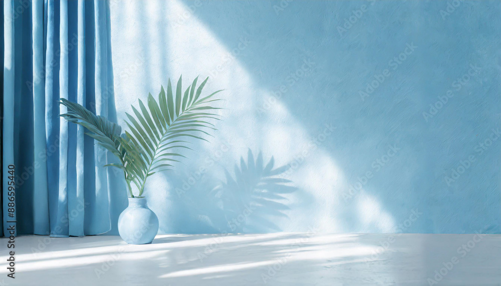 Poster blurred shadow from palm leaves on the light blue wall. minimal abstract background for product pres