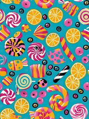 Naklejka premium Sweet Treats Seamless Pattern: A vibrant and cheerful pattern featuring an array of colorful candies, lollipops, and orange slices on a teal background. Perfect for textile design, wrapping paper.