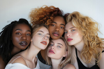Obraz premium Young multiracial women standing together and smiling. Diverse beauty, natural features, unity and individuality