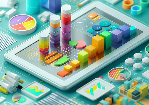 3D animation of business analytics on tablet, isometric view, data-driven decisions
