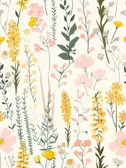 Fototapeta premium Whimsical Floral Pattern: A delicate and charming seamless pattern featuring a vibrant array of pink, yellow, and green wildflowers on a soft white background. 