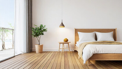Minimal bedroom wall mock up with wooden side table. 3d rendering bedroom illustration.