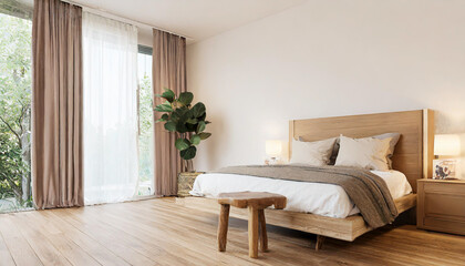 Minimal bedroom wall mock up with wooden side table. 3d rendering bedroom illustration.