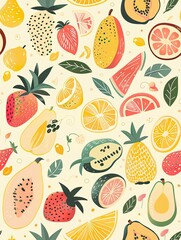 Tropical Fruit Seamless Pattern: A vibrant and playful seamless pattern featuring a colorful assortment of tropical fruits, perfect for adding a touch of summery fun to any design.
