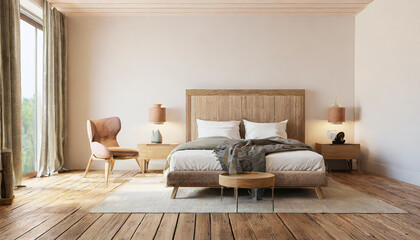 Minimal bedroom wall mock up with wooden side table. 3d rendering bedroom illustration.