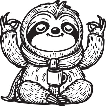 meditating sloth holding coffee mug