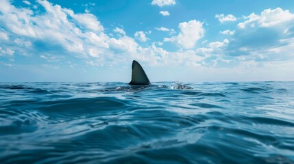 Fototapeta premium Shark fin on surface of ocean against blue cloudy sky
