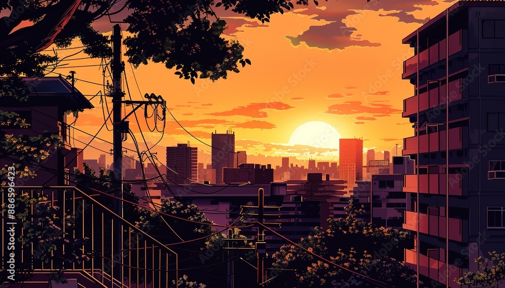 Wall mural a stunning anime style sunset view in a corner of the city, cartoon anime style