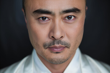 Obraz premium Close-up portrait of a middle aged man of Asian descent, studio photo, against a sleek gray studio backdrop