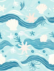 a seamless pattern with ocean waves and sea elements in calming pastel blues and aquas, capturing a serene beach vibe