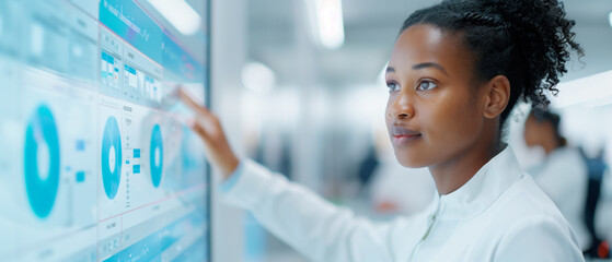 Woman interacting with a large touch screen display in a modern office. High-tech environment creates a futuristic and professional atmosphere.